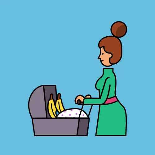 Woman pushing a stroller with bananas inside, illustration by Sebastian Iwohn