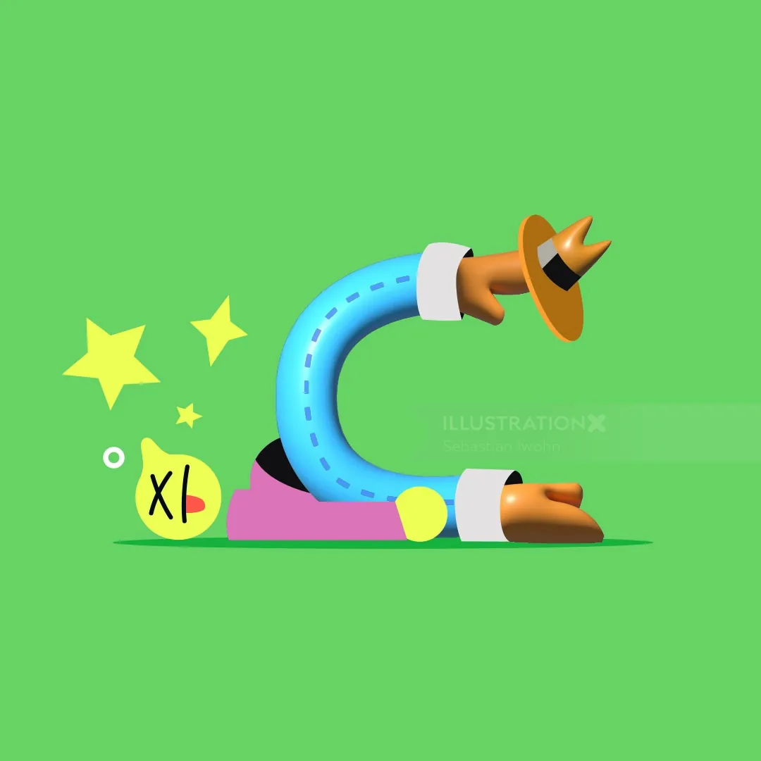 Surreal colorful character bending into letter C by Sebastian Iwohn