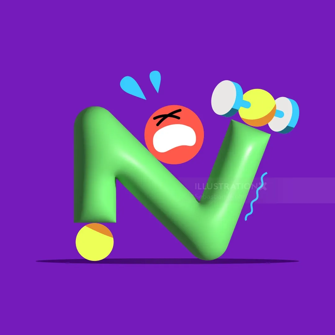 3D letter N with red angry face lifting dumbbell by Sebastian Iwohn