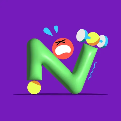 3D letter N with red angry face lifting dumbbell by Sebastian Iwohn