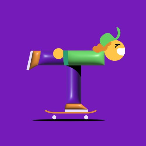 Cartoon figure balancing on skateboard, by Sebastian Iwohn