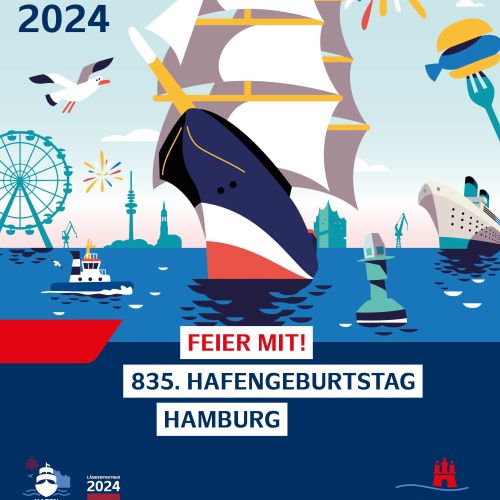 Colorful illustration of Hamburg harbor with ships and fireworks
