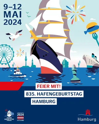 Colorful illustration of Hamburg harbor with ships and fireworks