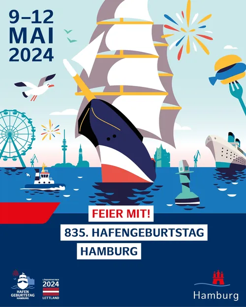 Colorful illustration of Hamburg harbor with ships and fireworks