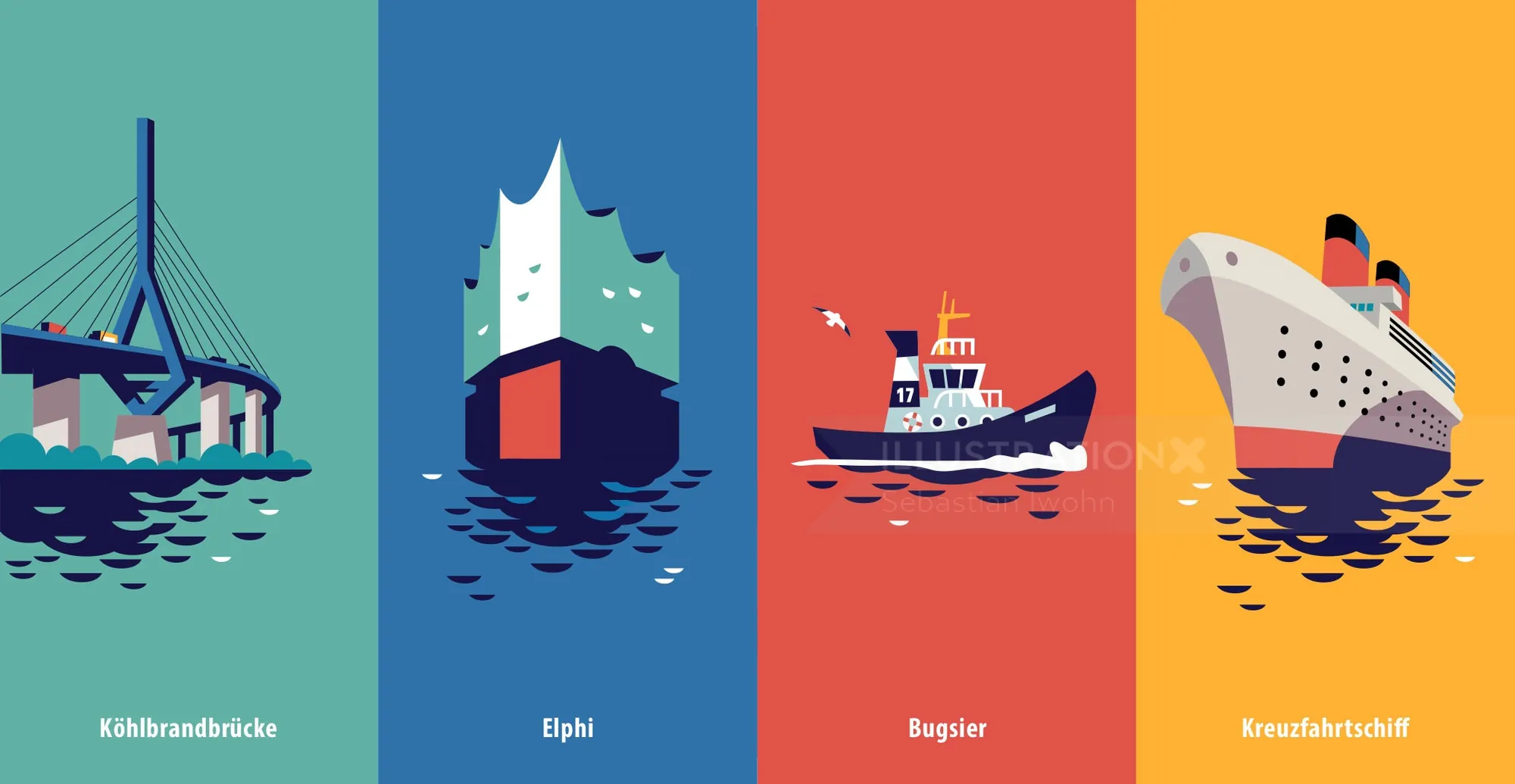 Four-panel illustration showing a bridge, container ship, tugboat, and cruise ship