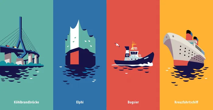 Four-panel illustration showing a bridge, container ship, tugboat, and cruise ship