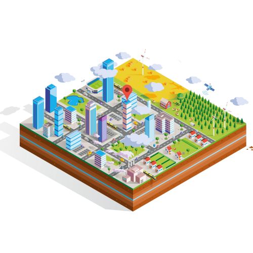Isometric view of city block with buildings, greenery, and roads