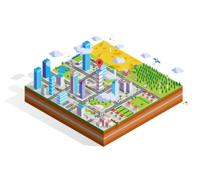 Isometric view of city block with buildings, greenery, and roads