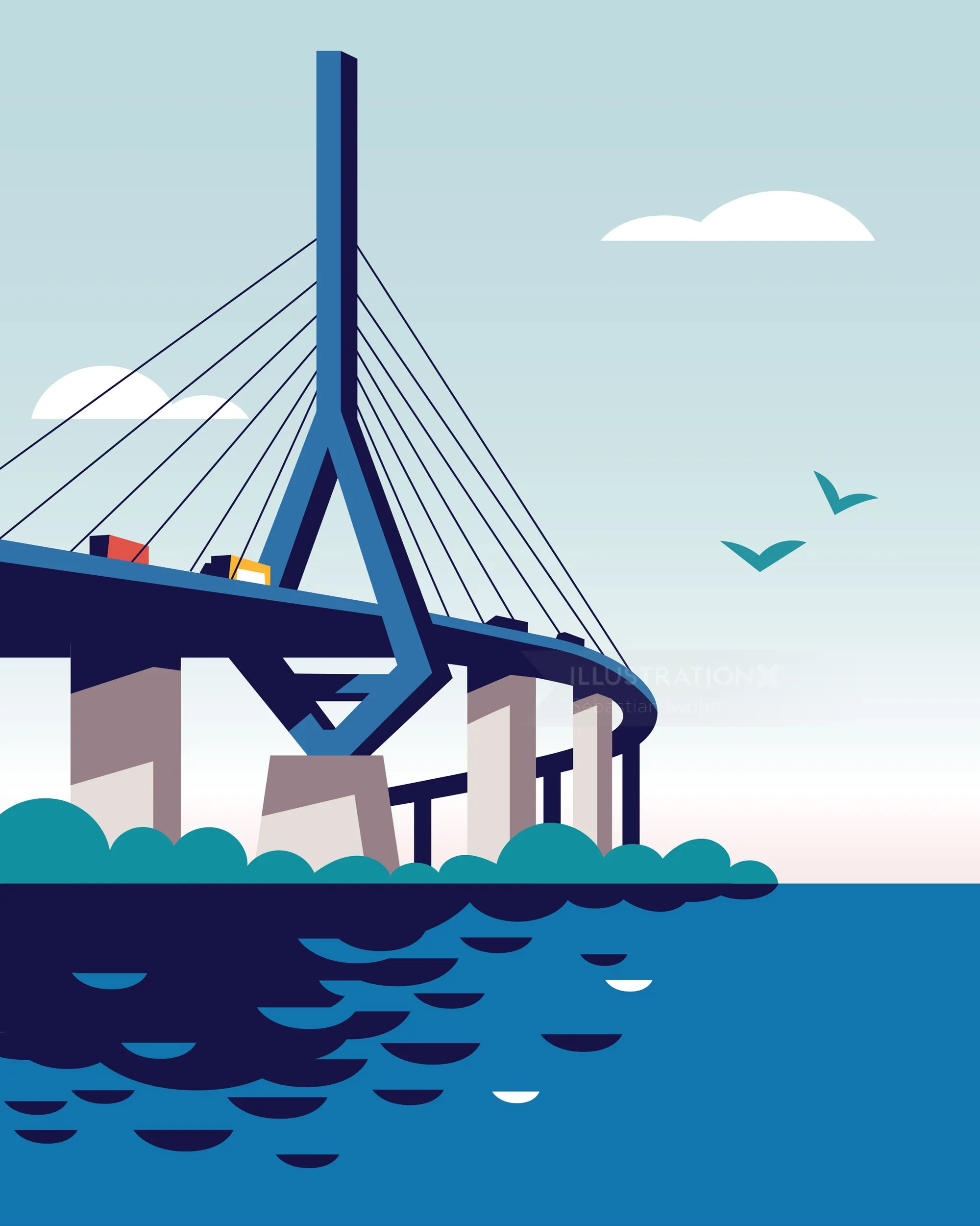 Cable-stayed bridge over water with birds in the sky
