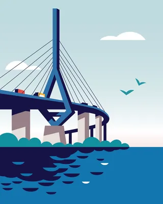 Cable-stayed bridge over water with birds in the sky