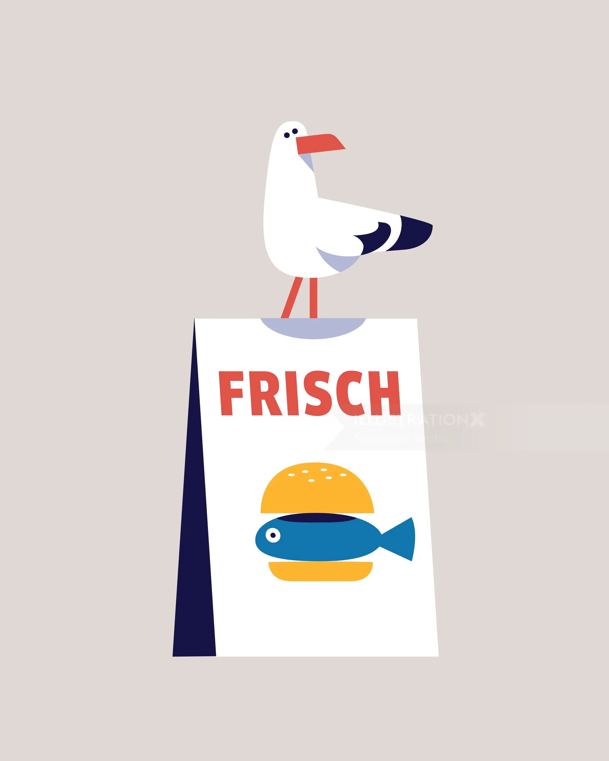 Seagull on sign with fish sandwich and the word Frisch