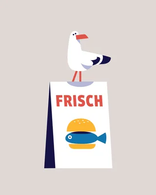 Seagull on sign with fish sandwich and the word Frisch