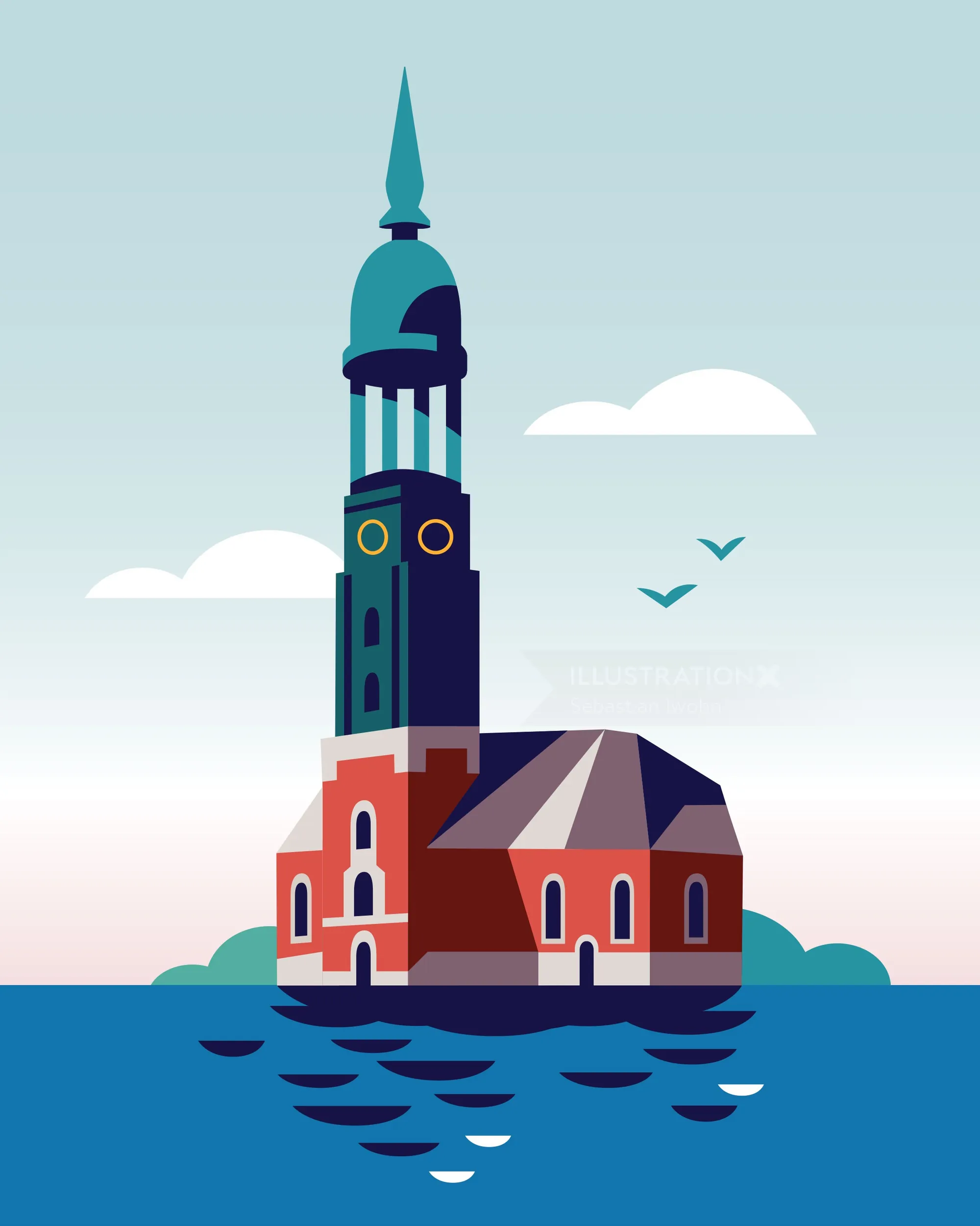 Historic church tower near water with birds in the sky