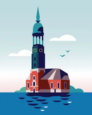 Historic church tower near water with birds in the sky