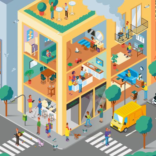 Isometric multi-story building with people walking, working, and vehicles nearby