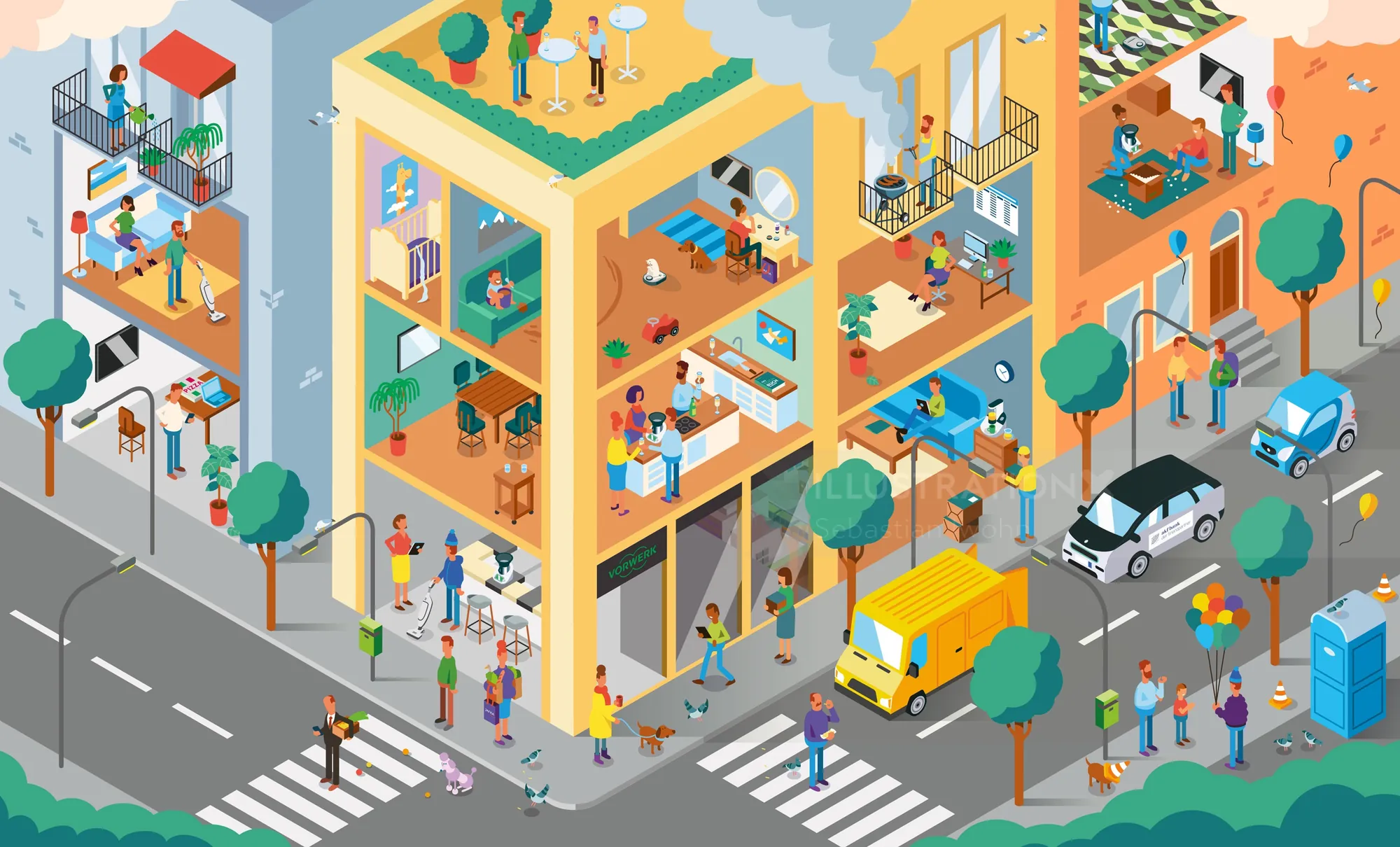 Isometric multi-story building with people walking, working, and vehicles nearby