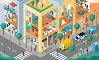 Isometric multi-story building with people walking, working, and vehicles nearby