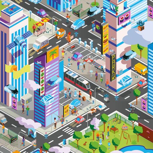 Isometric view of city streets, buildings, cars, and parks