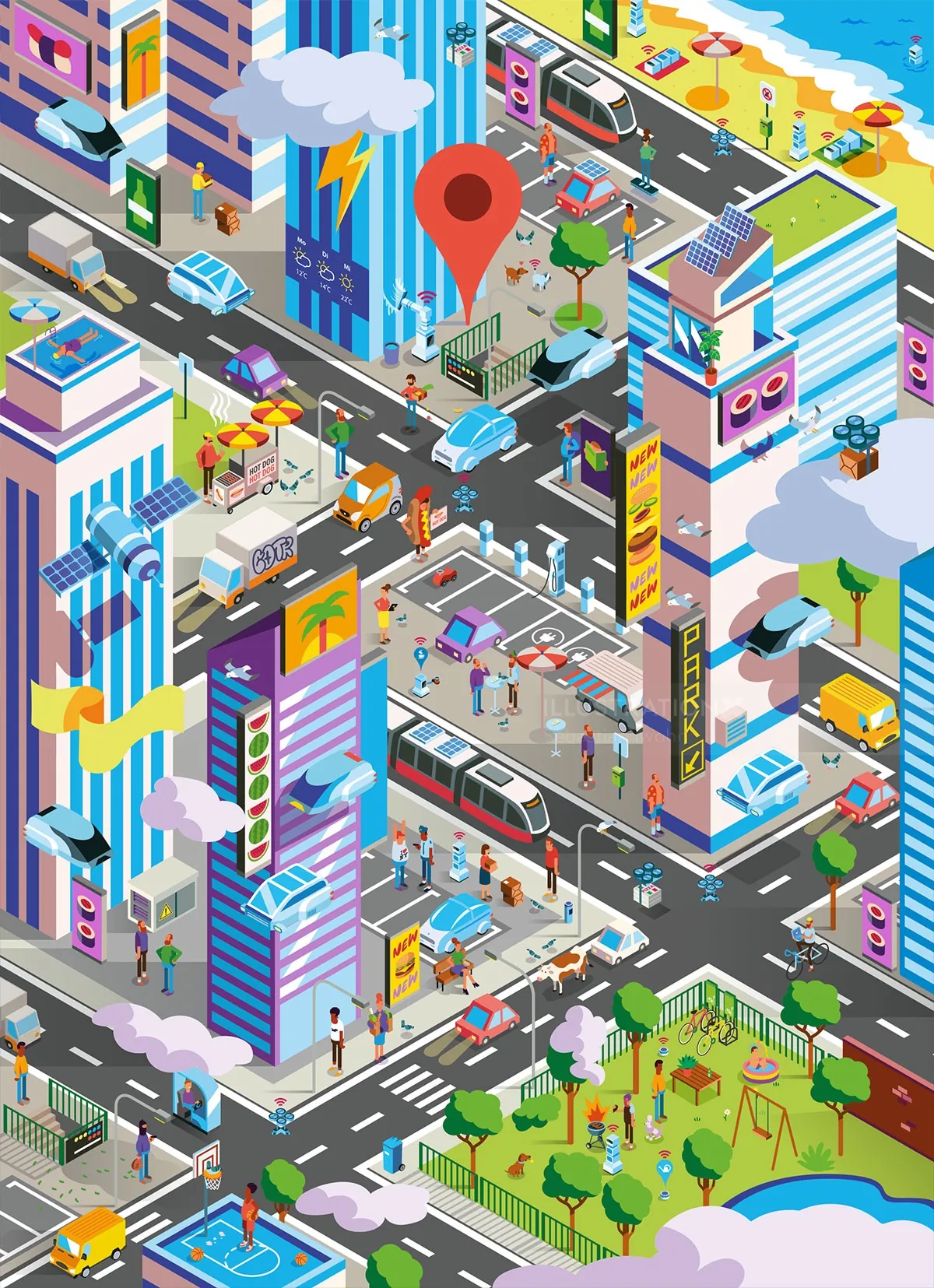 Isometric view of city streets, buildings, cars, and parks