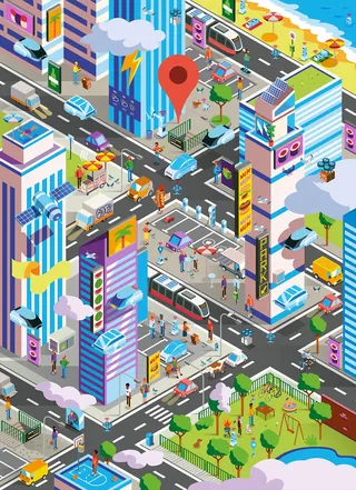 Isometric view of city streets, buildings, cars, and parks