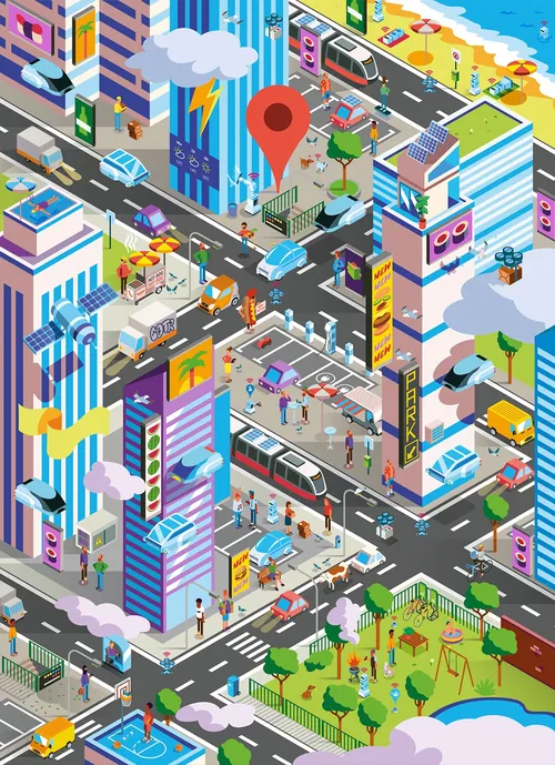 Isometric view of city streets, buildings, cars, and parks