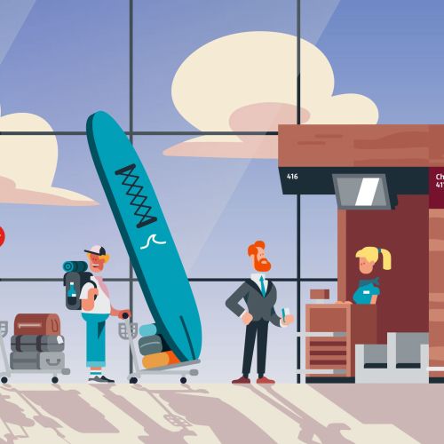 People waiting at airport terminal with luggage and flight signs.