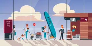 People waiting at airport terminal with luggage and flight signs.