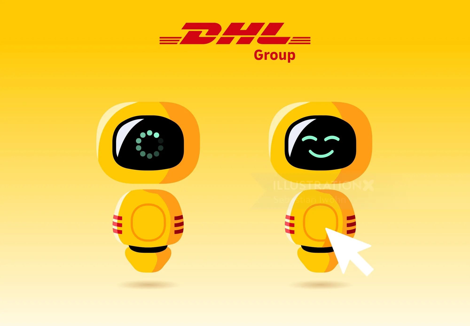 Illustration of two yellow DHL delivery robots by Sebastian Iwohn