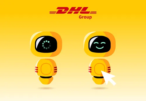 Illustration of two yellow DHL delivery robots by Sebastian Iwohn
