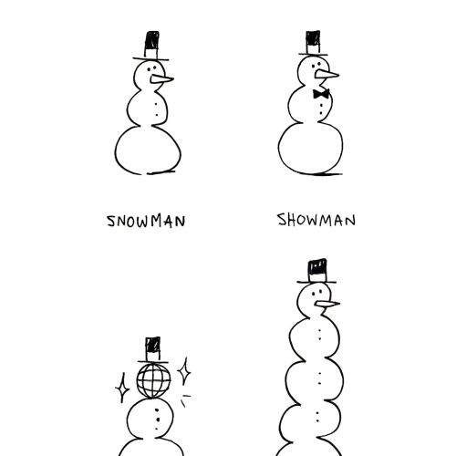 Cartoon of four snowman variations titled snowman, showman, glowman, and growman by Sebastian Iwohn