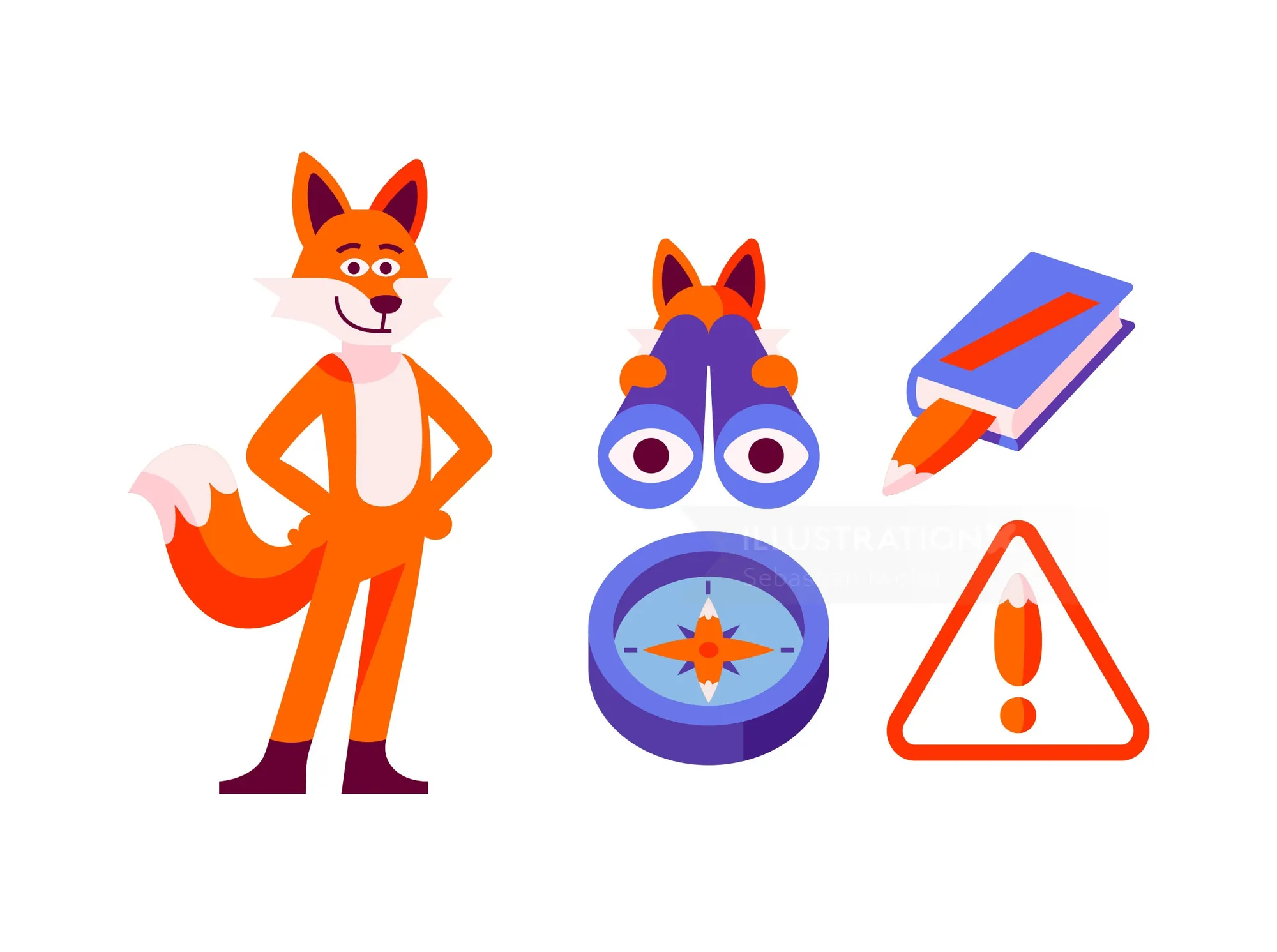 Cartoon fox and travel icons including binoculars, compass, book, and warning sign by Sebastian Iwoh