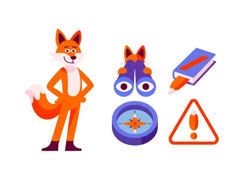 Cartoon fox and travel icons including binoculars, compass, book, and warning sign by Sebastian Iwoh