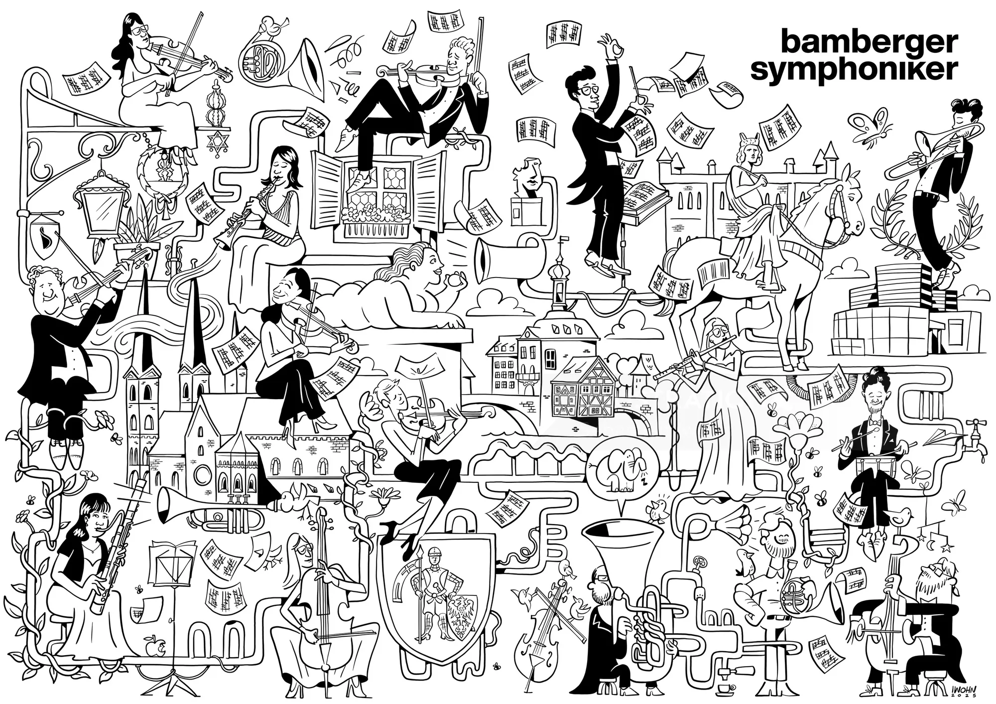 Cartoon illustration of musicians and instruments by Sebastian Iwohn