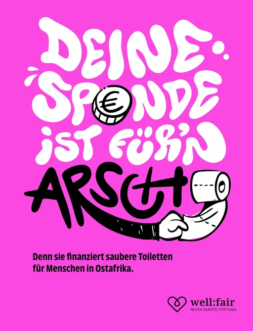 Colorful poster with German text and toilet paper promoting donations for clean toilets by Sebastian