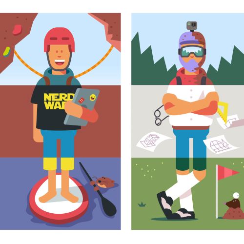 Three cartoon characters with parachute, drone, and golf gear by Sebastian Iwohn