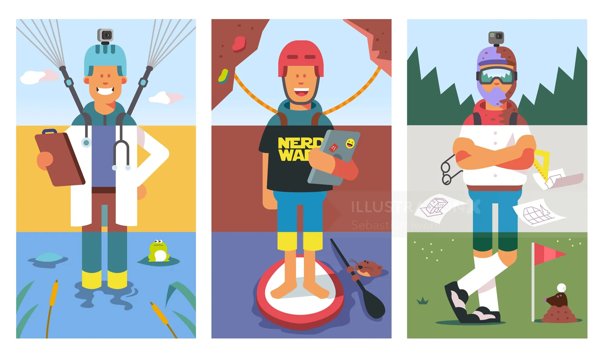 Three cartoon characters with parachute, drone, and golf gear by Sebastian Iwohn