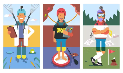 Three cartoon characters with parachute, drone, and golf gear by Sebastian Iwohn