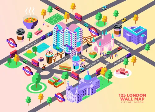 Isometric illustration of London Wall area with buildings, streets, and trees by Sebastian Iwohn