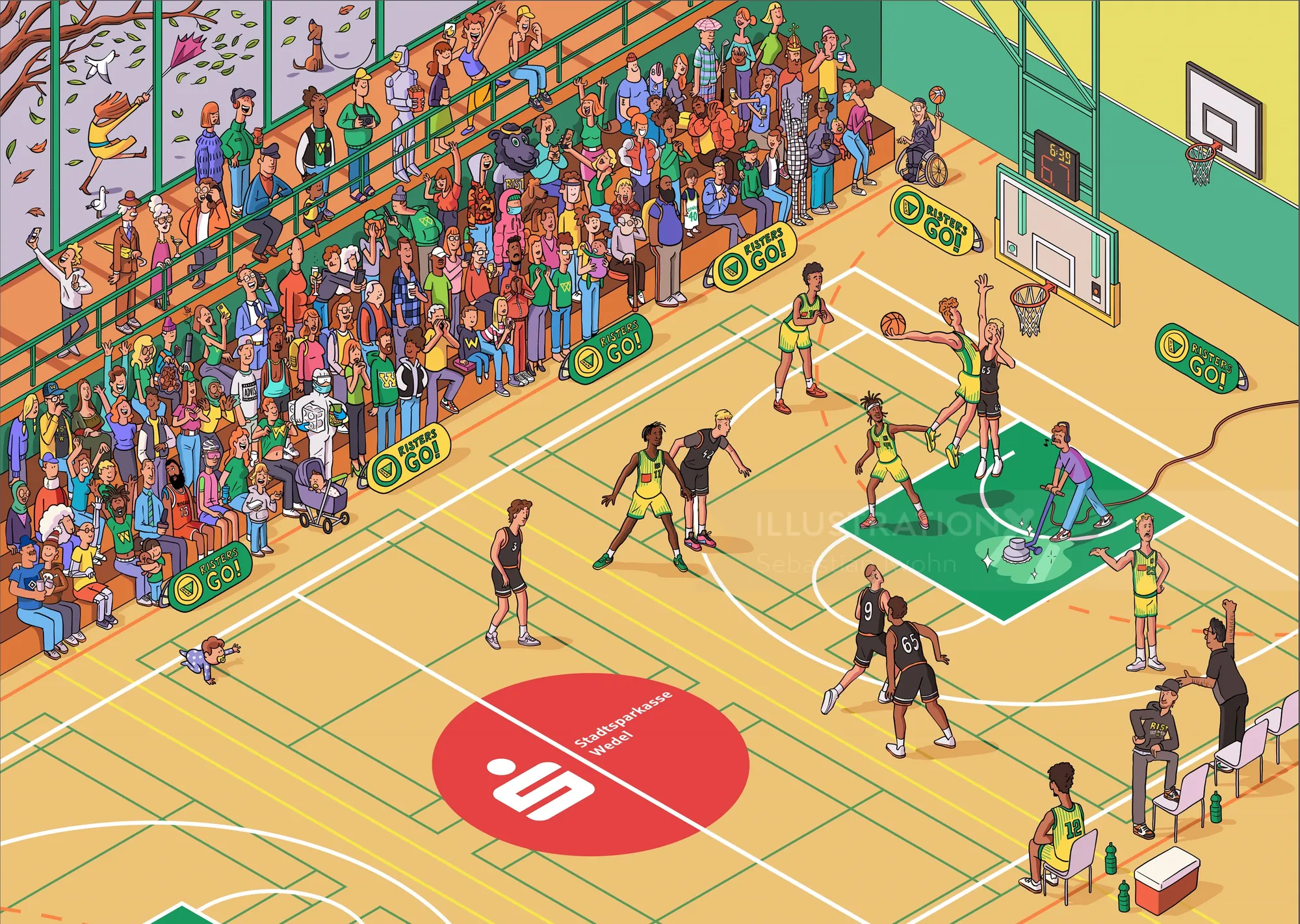 Sebastian Iwohn Illustration eines überfüllten Basketballspiels im Freien