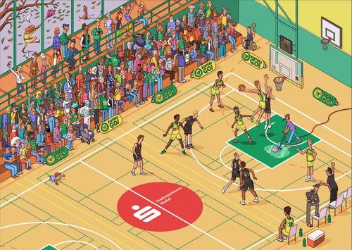Sebastian Iwohn Illustration eines überfüllten Basketballspiels im Freien
