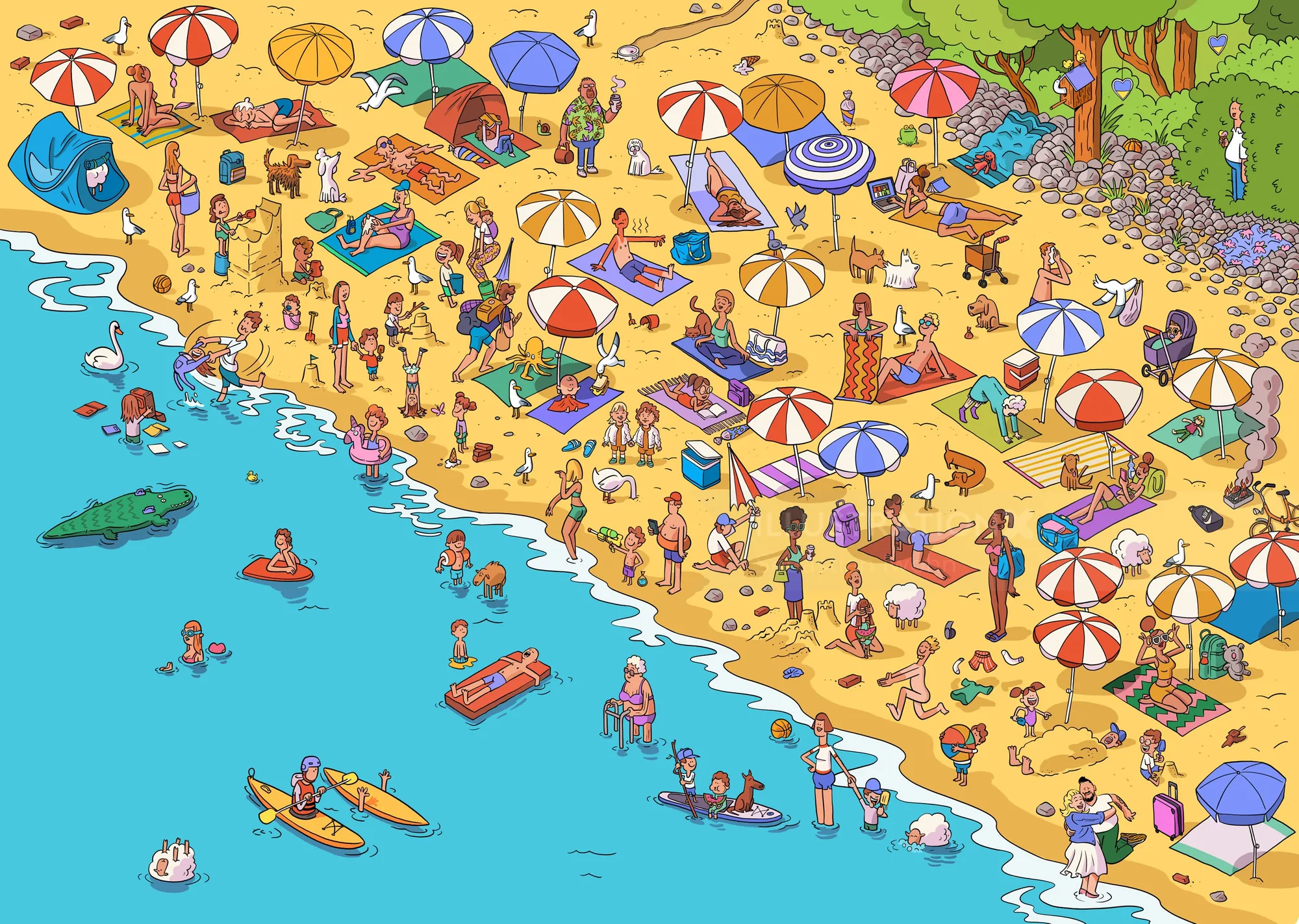 Illustration von Sebastian Iwohn, die einen überfüllten Strand mit Sonnenschirmen, Badegästen, Booten und Sonnenliegen zeigt.