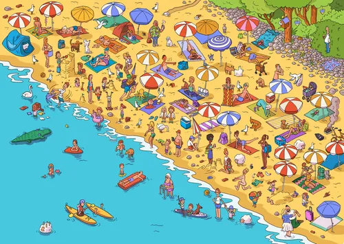 Illustration von Sebastian Iwohn, die einen überfüllten Strand mit Sonnenschirmen, Badegästen, Booten und Sonnenliegen zeigt.