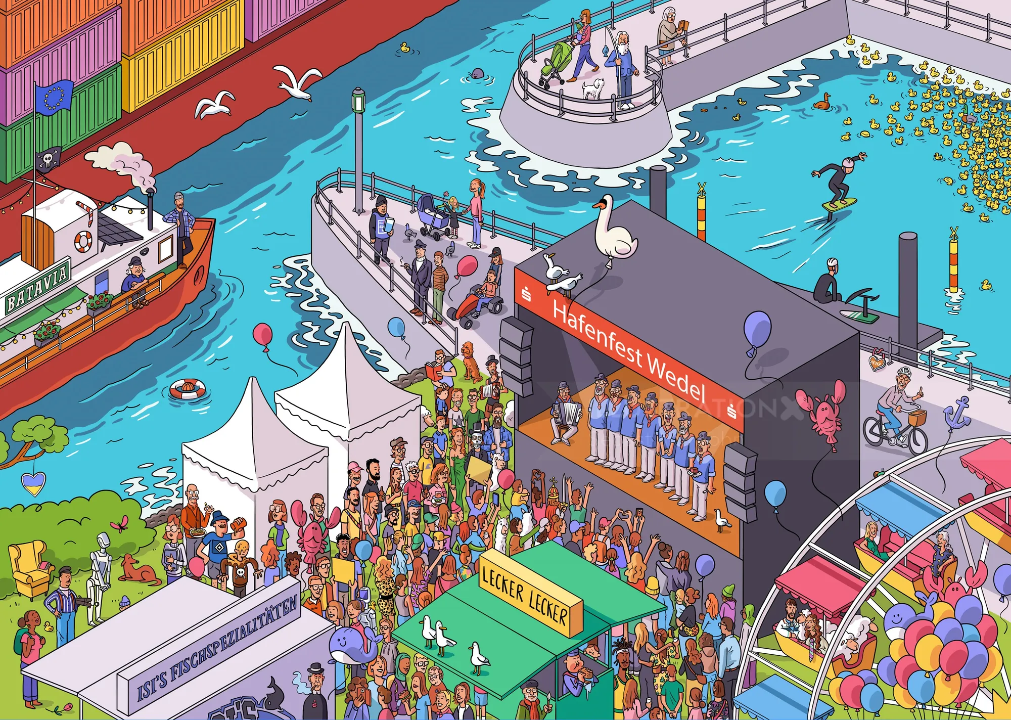 Sebastian Iwohn Illustration eines farbenfrohen Musikfestivals am Wasser mit Booten und Menschenmengen