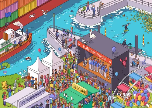Sebastian Iwohn Illustration eines farbenfrohen Musikfestivals am Wasser mit Booten und Menschenmengen