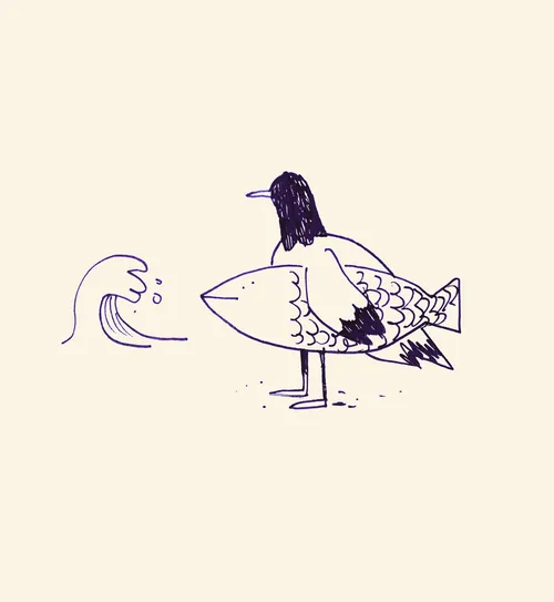 Sebastian Iwohn Zeichnung eines dunklen Vogels, der auf einem stilisierten Fisch neben einer Welle reitet