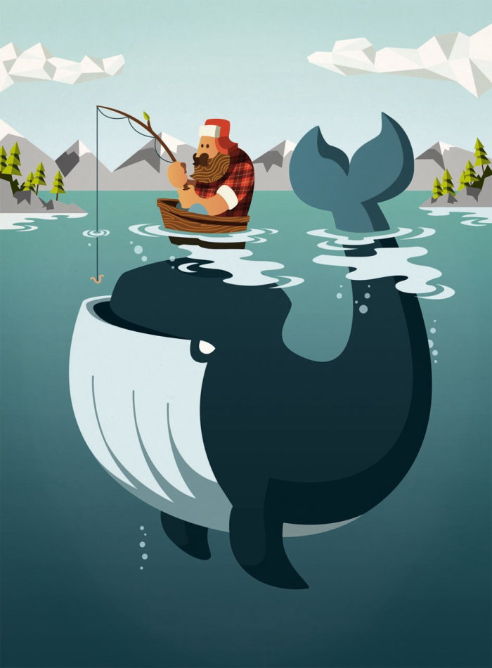 Graphic man fishing with whale