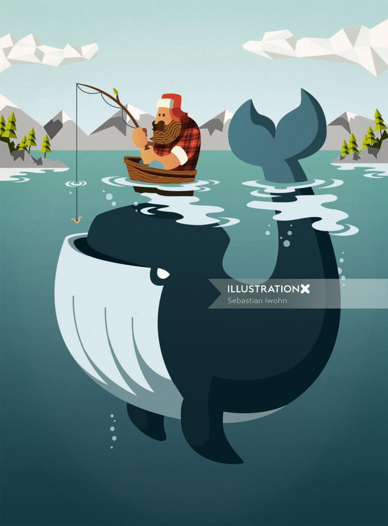 Graphic man fishing with whale