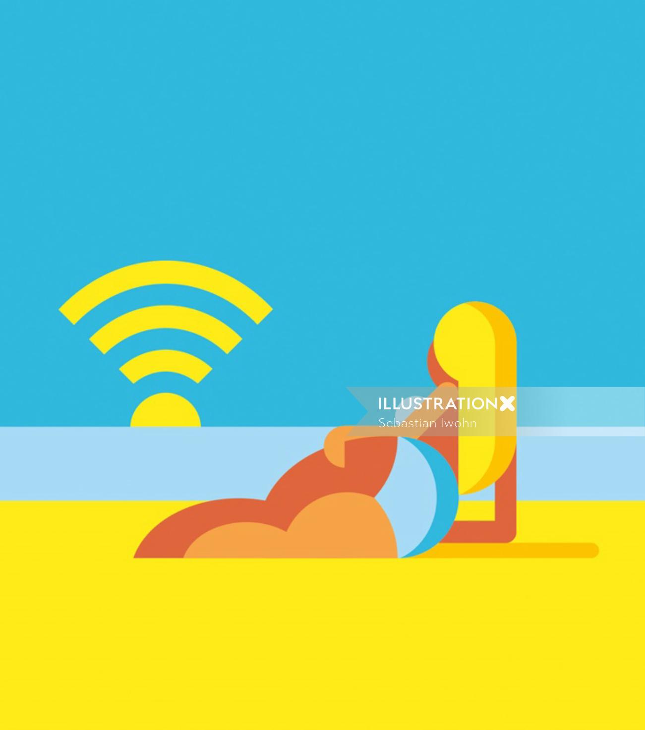 Graphic girl at the beach with wifi sun