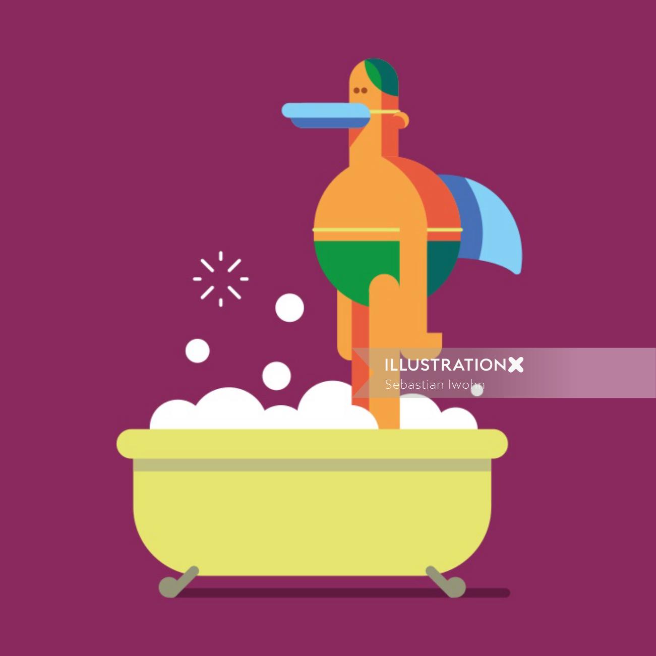 Graphic duck boy in bath tub