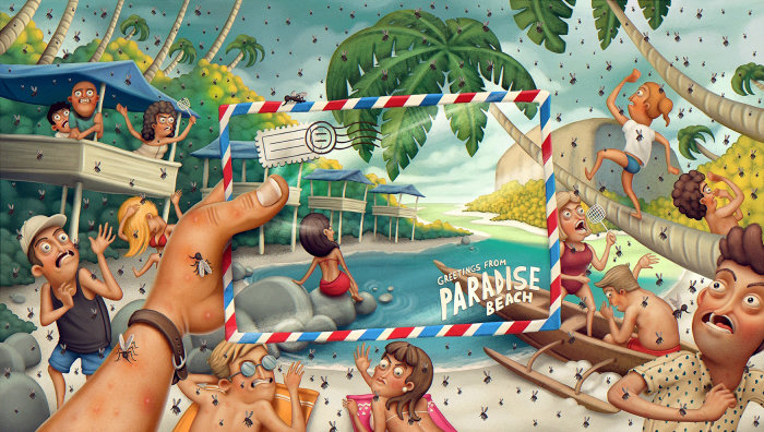 Cartaz da realidade e expectativas da praia paradisíaca
